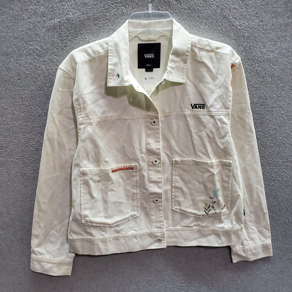 VANS Women Jacket Small White Book It Micro Dtisy Floral Button Up Embroidered